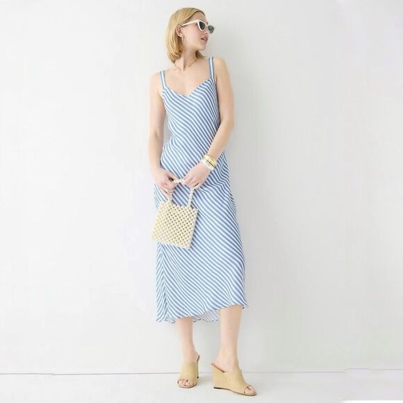 J.Crew Gwyneth V-Neck Slip Dress Blue White Stripe Cupro-Blend Midi Women’s - Picture 1 of 8